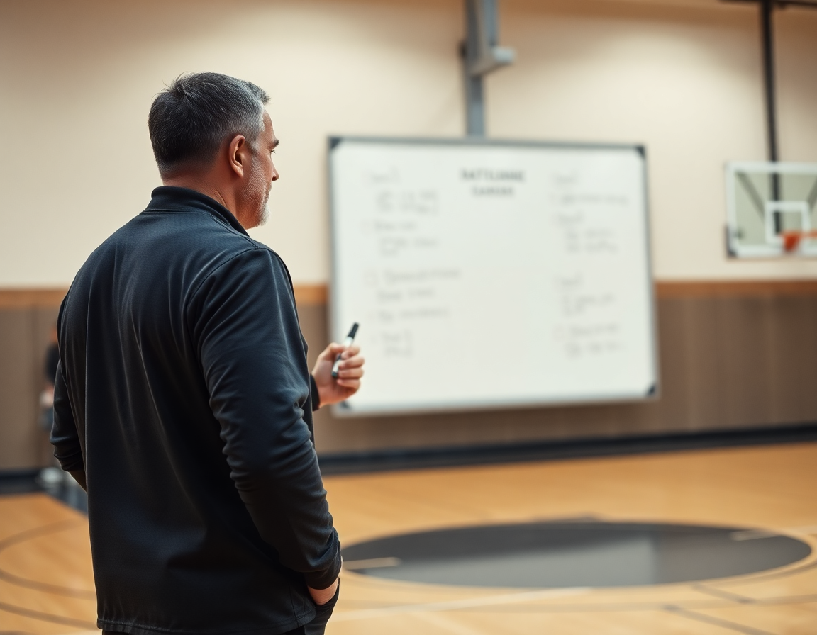 Coach explaining tactics on a gym whiteboard