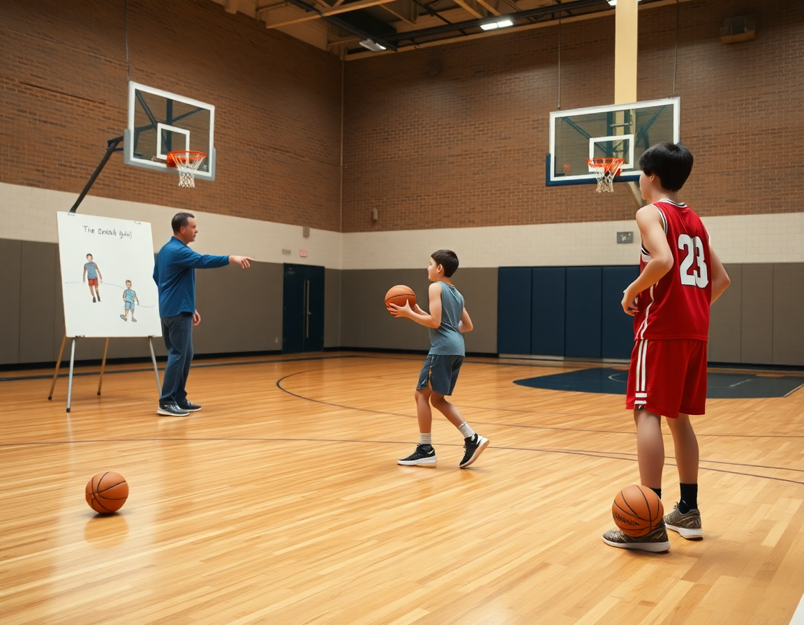 Skola kosarke za decu na terenu uz trenerovu tablu i košarku, motivirani mladi igrači.