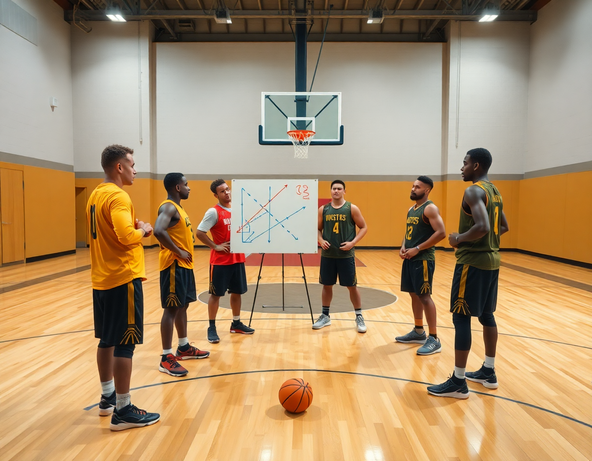 Skola kosarke za decu na terenu uz trenerovu tablu i košarku, motivirani mladi igrači.
