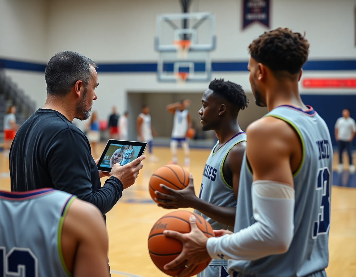 Trener pregleda kosarka uzivo utakmice na tabletu dok igrači drže basketball i prate igru.