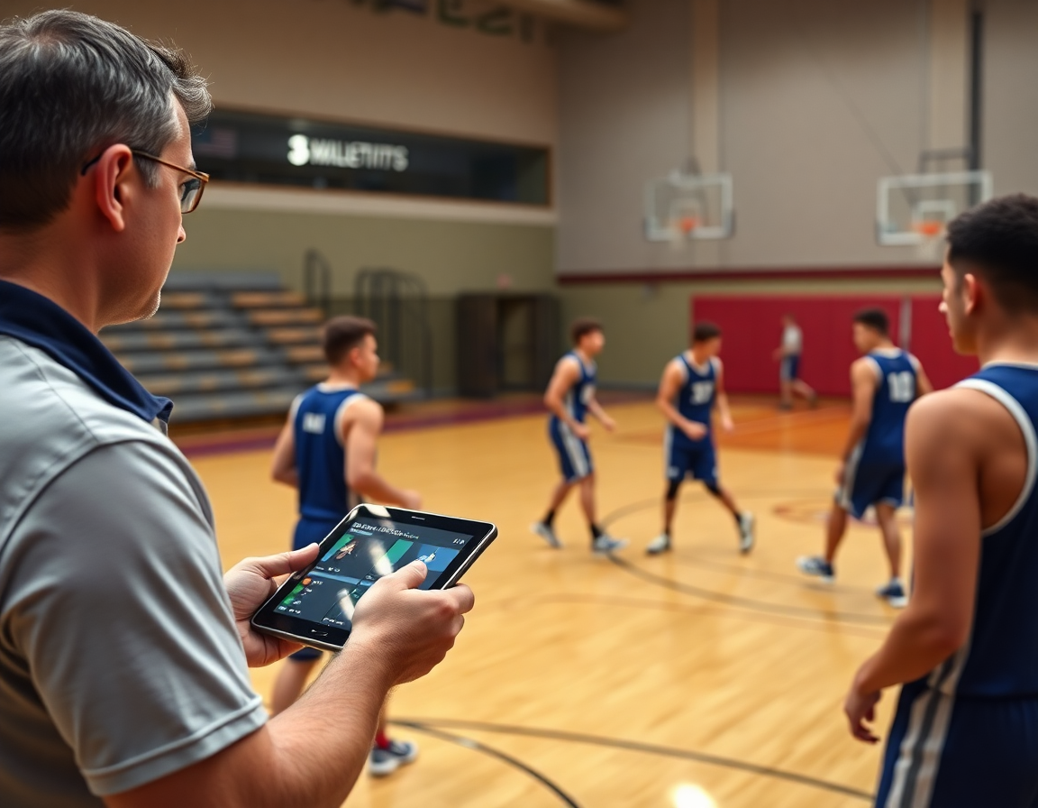 Trener košarke nemačke gleda video klipove na tabletu dok basketball vežba na terenu uz beleške.