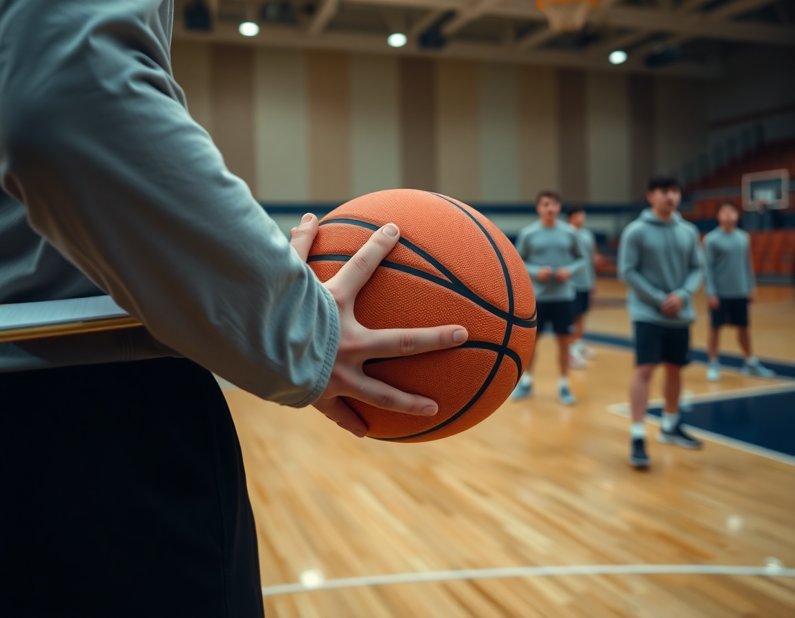 trener kosarke novi sad sa klipom na ruci posmatra vežbanje na drvenom podu basketball terenu dok igrači trče.