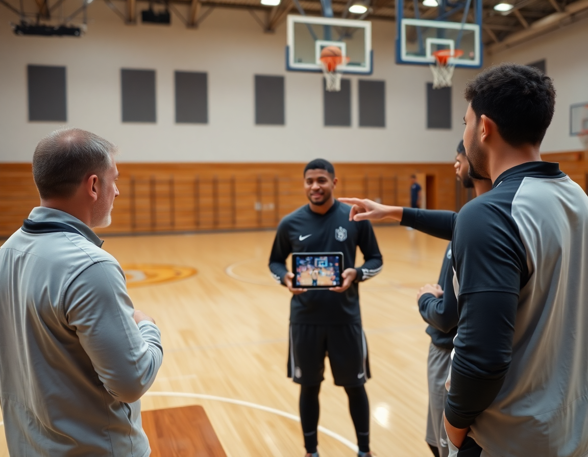 trener kosarke novi sad pregledava video zapise basketball treninga na tabletu uz pomoć igrača na klupi.