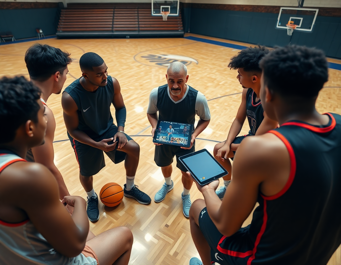 Video klip na table; igrači u basketball terenu slušaju objašnjenje iz skola kosarke brace jerkovic.