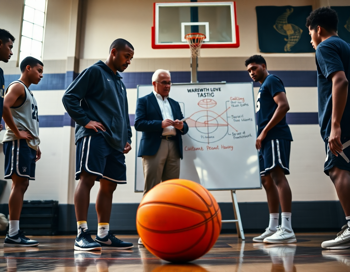 Trener stoji pored taktičke table dok igrači prate plan; kosarka nba atmosfera u dvorani.