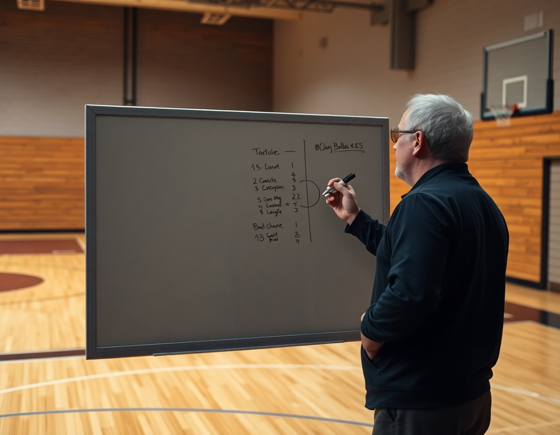 Coach explaining tactics on a gym whiteboard