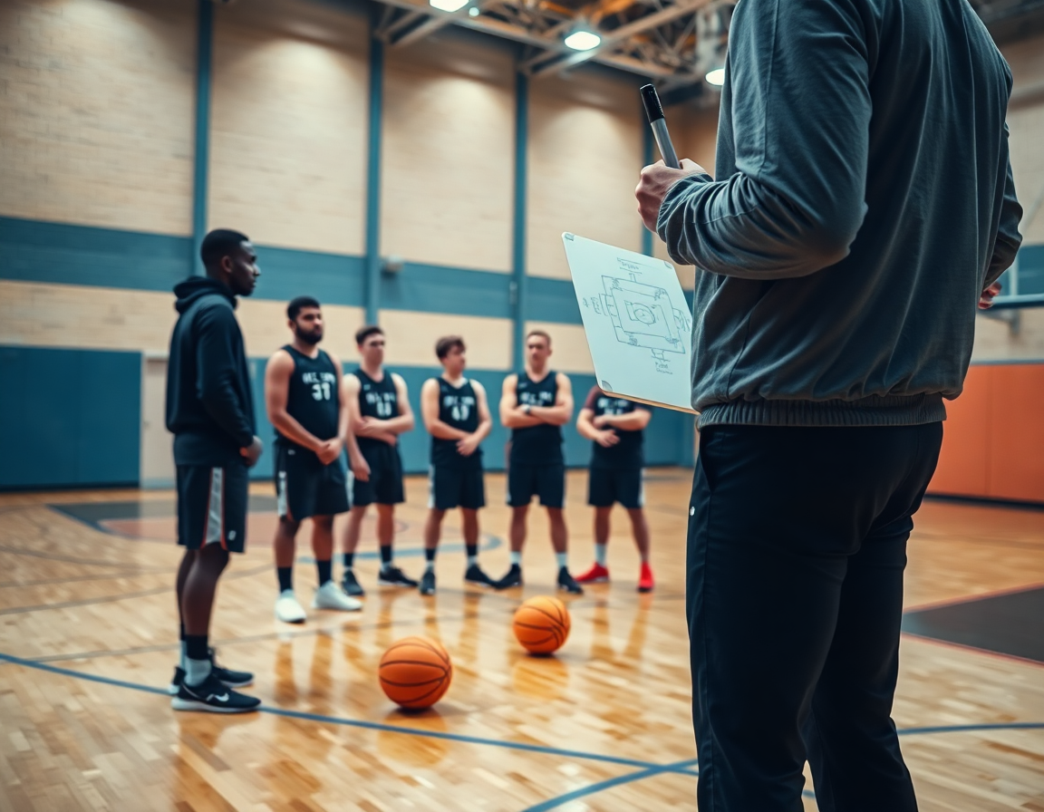 kosarka partizan trener na tabli pokazuje plan igračima u dvorani tokom treninga