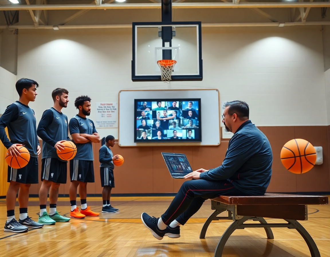 video isecki za kosarka partizan: trener u dvorani pregleda materijal za razvoj igraca