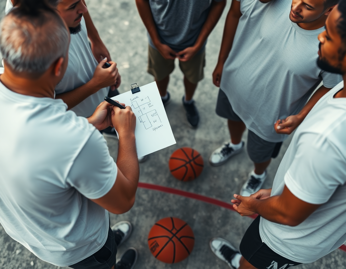 Duboki kadar ruke trenera koje crtaju jednostavne smernice na beloj tabli dok igrači slušaju kosarka taktika.