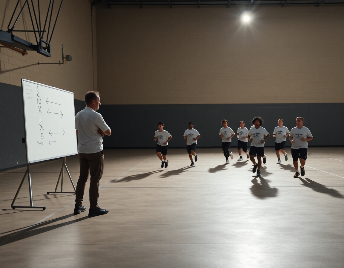 Usredsređeni natpisi na tabli, trener pokazuje linije na kosarka taktika dok igrači vežbaju šemu.