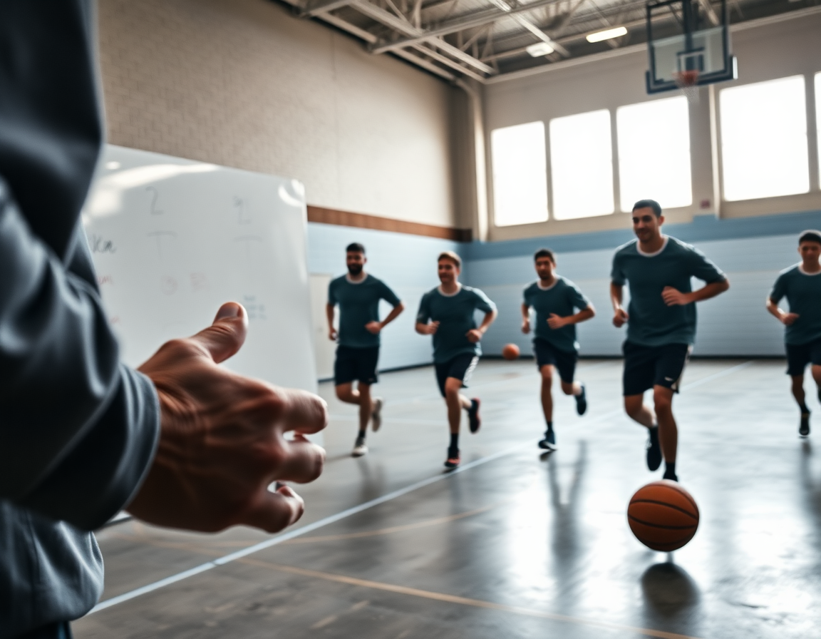 Bliski kadar ruku sa markerom koji vuče linije na tabli kosarka taktika dok igrači prate trening.