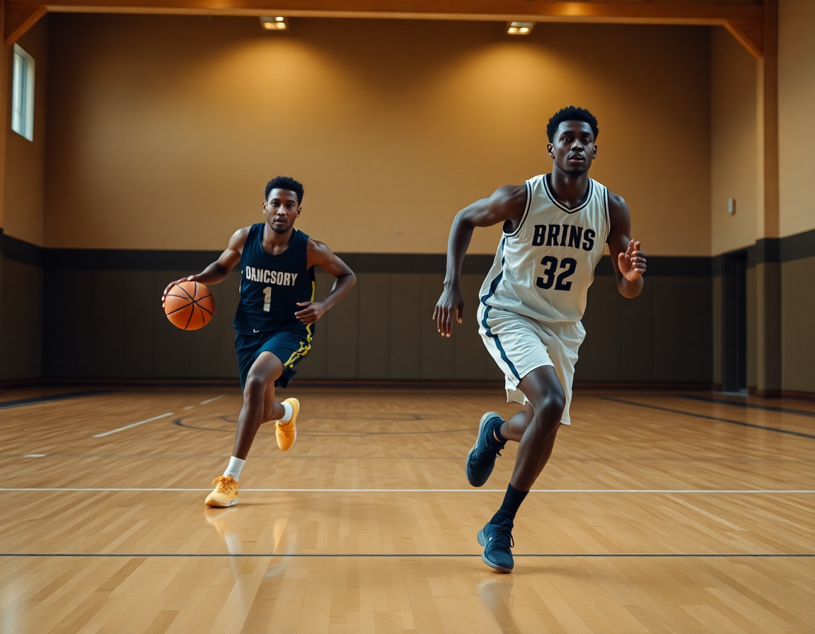 Players running a fast-break drill in practice