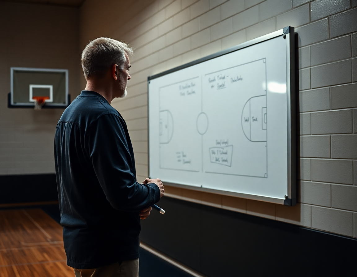 Coach explaining tactics on a gym whiteboard