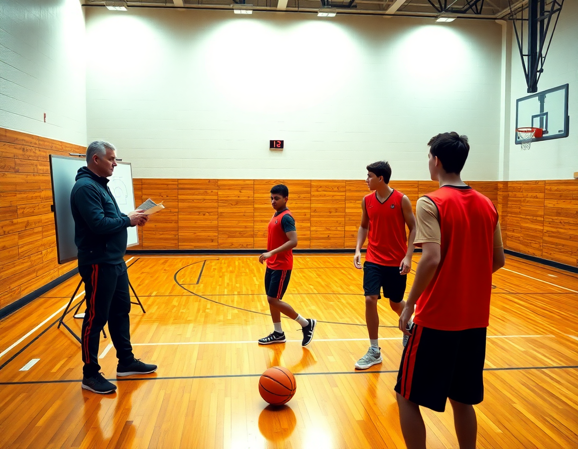 Košarkaška škola croatia: trener uz tablu vodi tim dok se vežba basketball na hrastovom terenu.