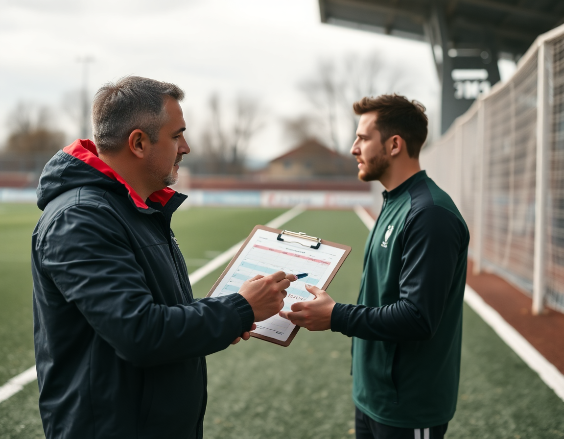 Alt: Trener objašnjava nedeljni plan uz kosarkaska statistika na beloj tabli pred timom.