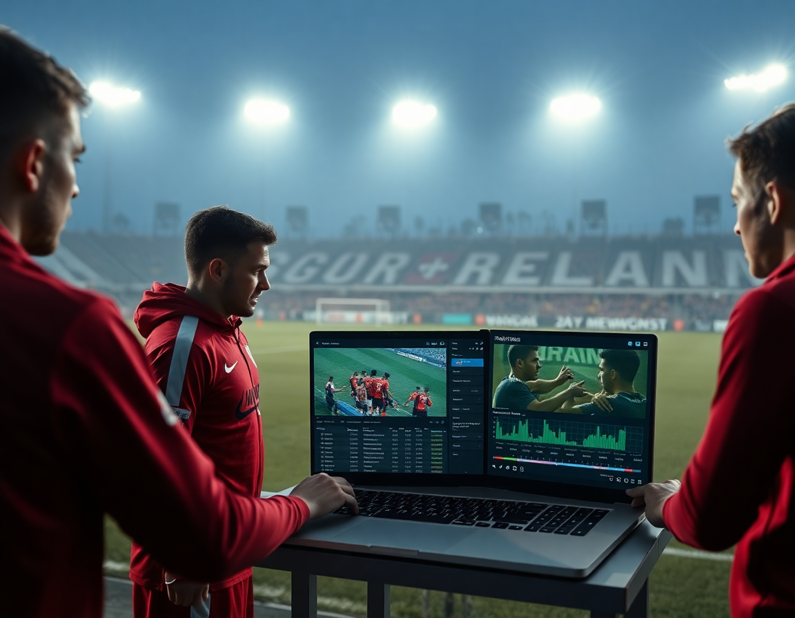 Alt: Grupa igrača gleda košarkaške video klipove uz košarkašku statistiku na laptopu dok trener objašnjava.