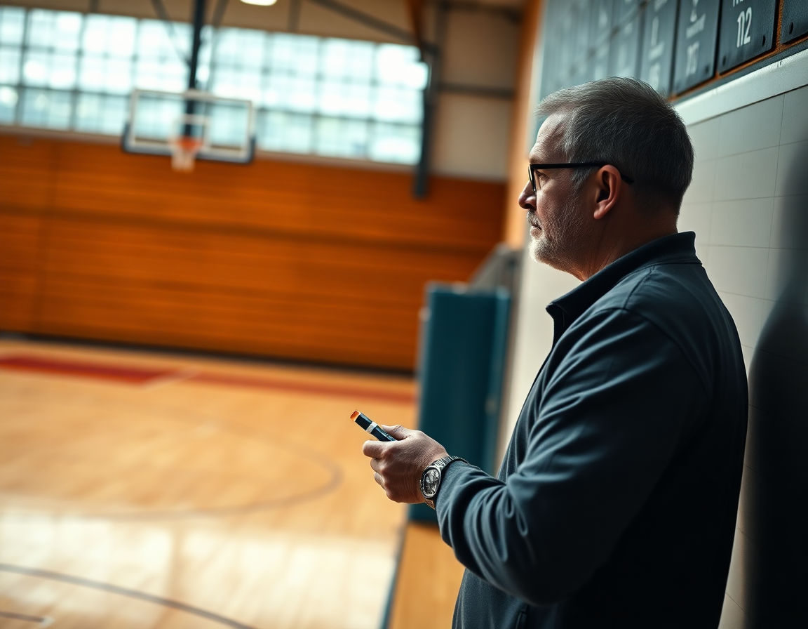Coach explaining tactics on a gym whiteboard