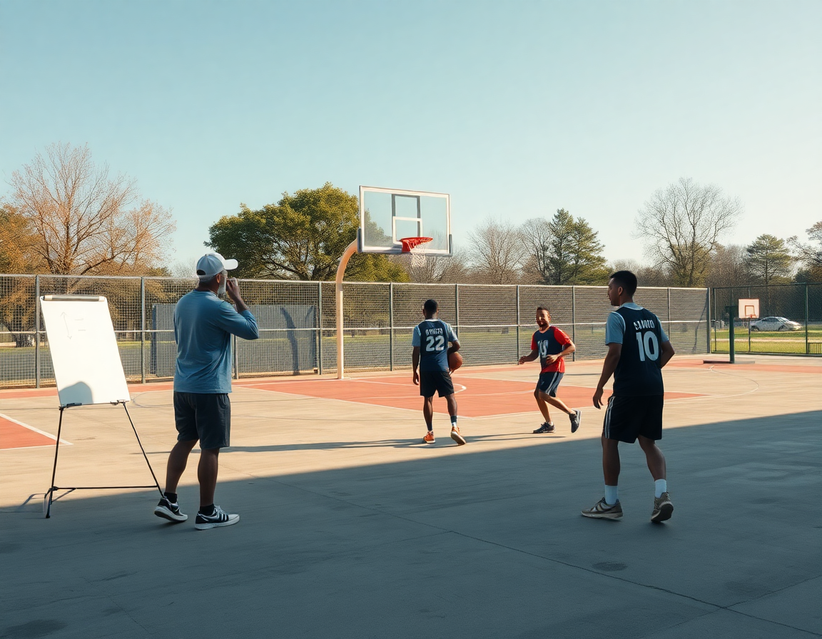 Vežba na terenu: trener sa belom tablom pokazuje smernice igračima tokom vežbe.