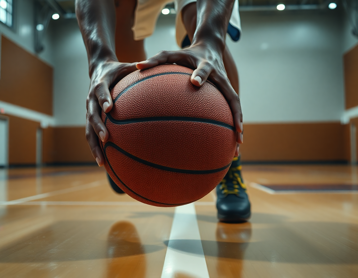 Detaljan kadar ruku na lopti dok igrač dribla nisko, sa vidljivim linijama terena i trenerom u pozadini.