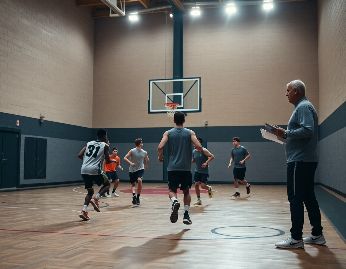 Grupa igrača se kreće kroz vežbu pored linije trojke, dok trener sa belom tablom pažljivo posmatra.