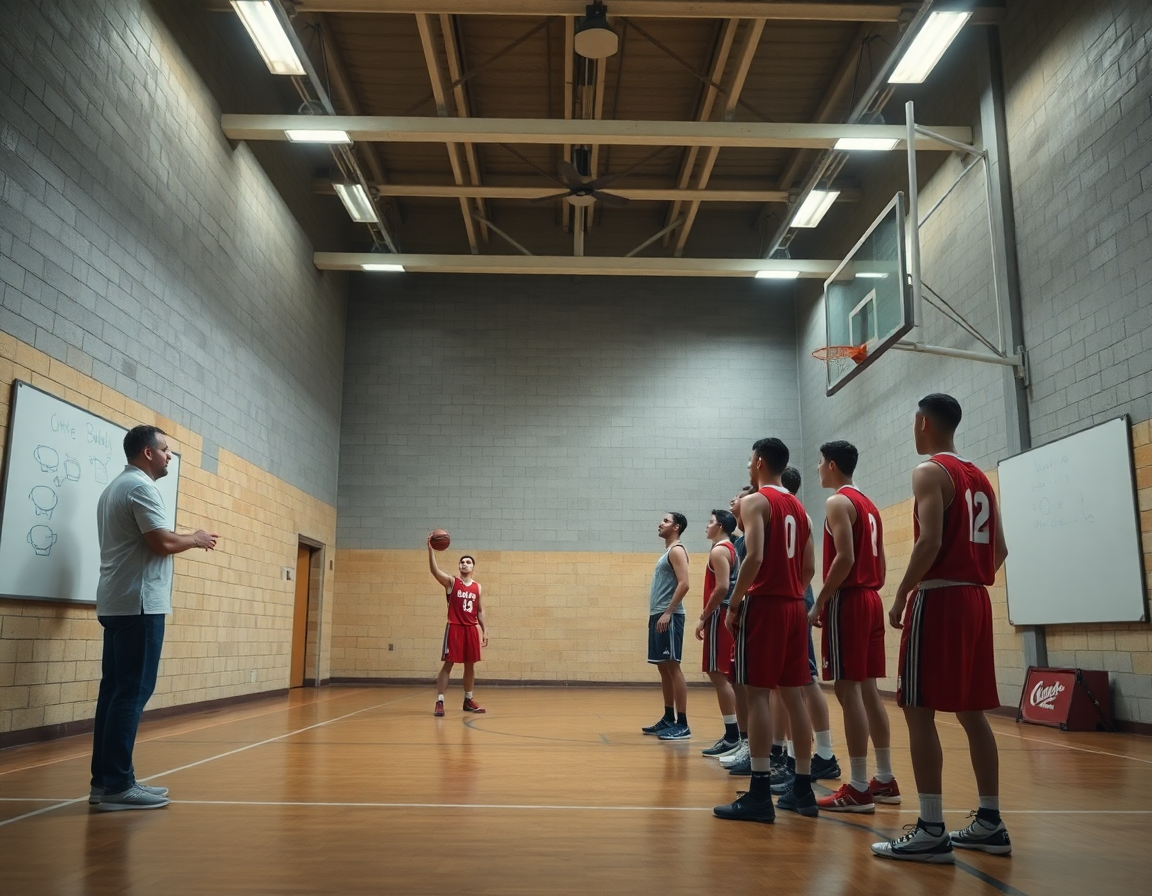 Širok kadar treninzima u dvorani sa betonskim podom, fokus na kosarkaske akcije i vežbi.
