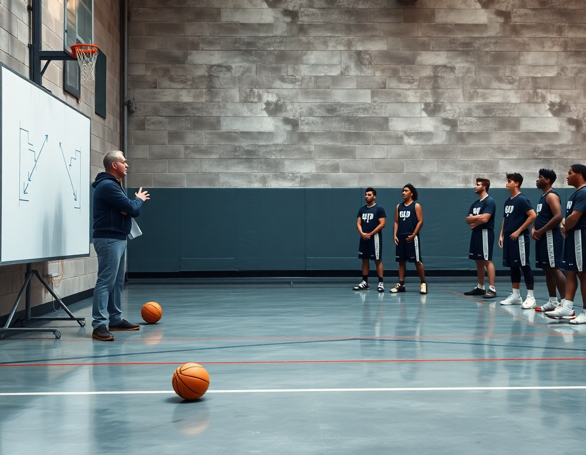 Trener pored bele table sa strelicama objašnjava kosarkaske akcije dok igrači pažljivo gledaju.