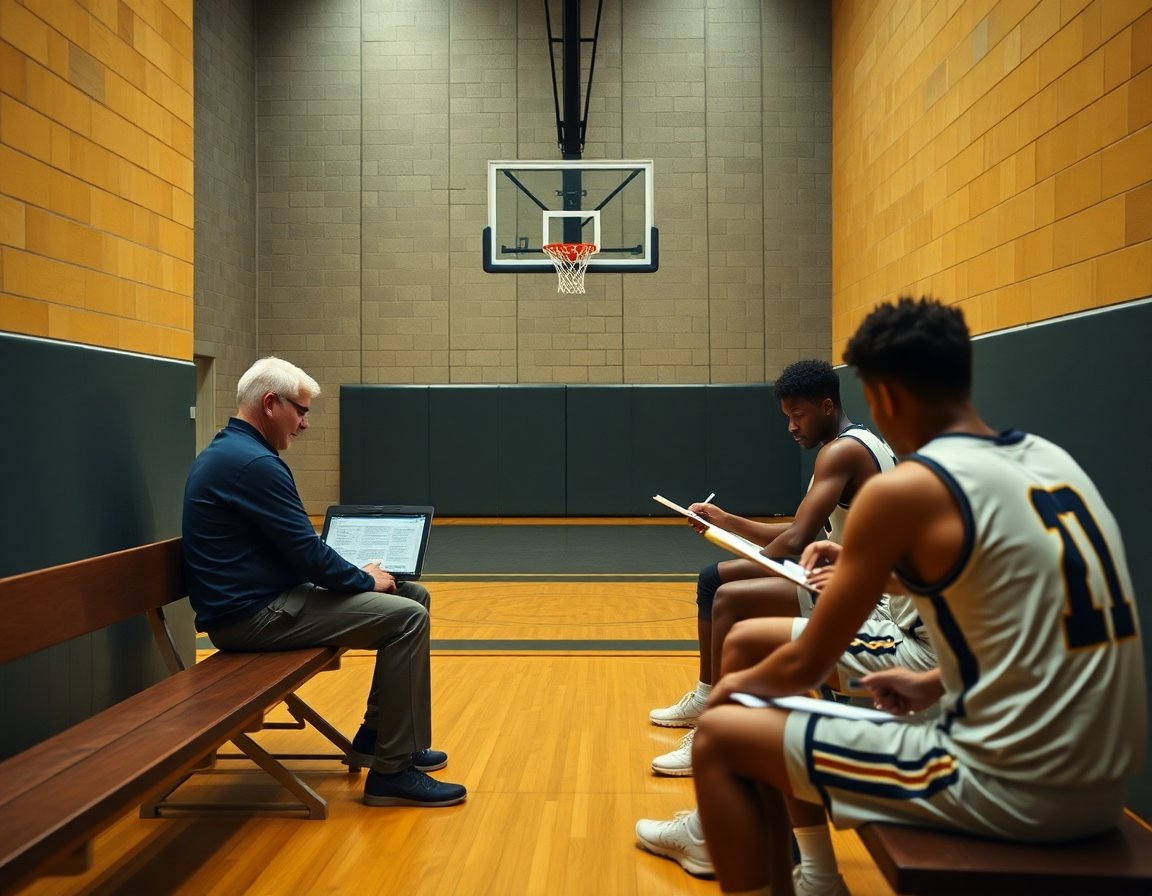 Trener sa laptopom i igrači zapisuju skauting bilješke, uz pozadinu betonskog poda i obruče.