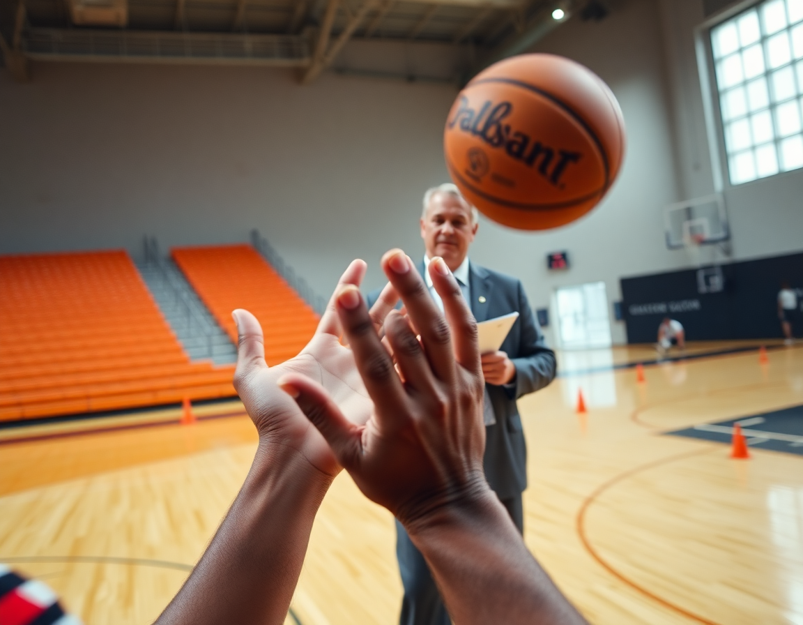 Detalj ruke dečaka kako hvata loptu dok trener gleda sa strane, kosarkaske vezbe za decu.