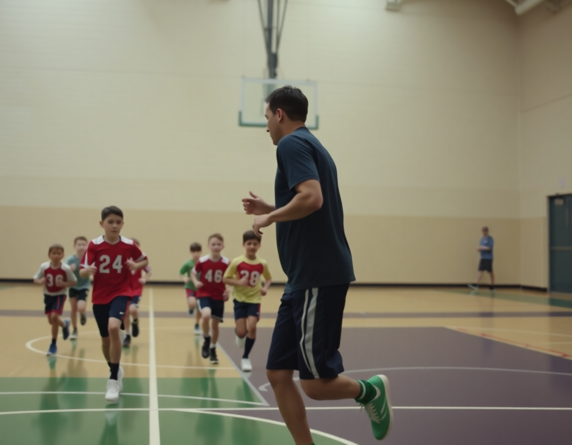 Deca trče duž bočne linije dok trener demonstrira dodavanje na sredini terena, kosarkaske vezbe za decu.