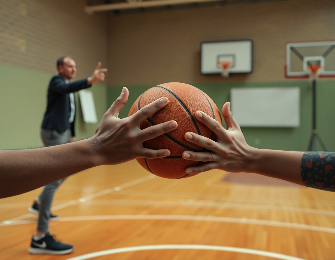 Kratak kadar ruke drže loptu tokom kosarkaske vezbe na terenu uz igračima.