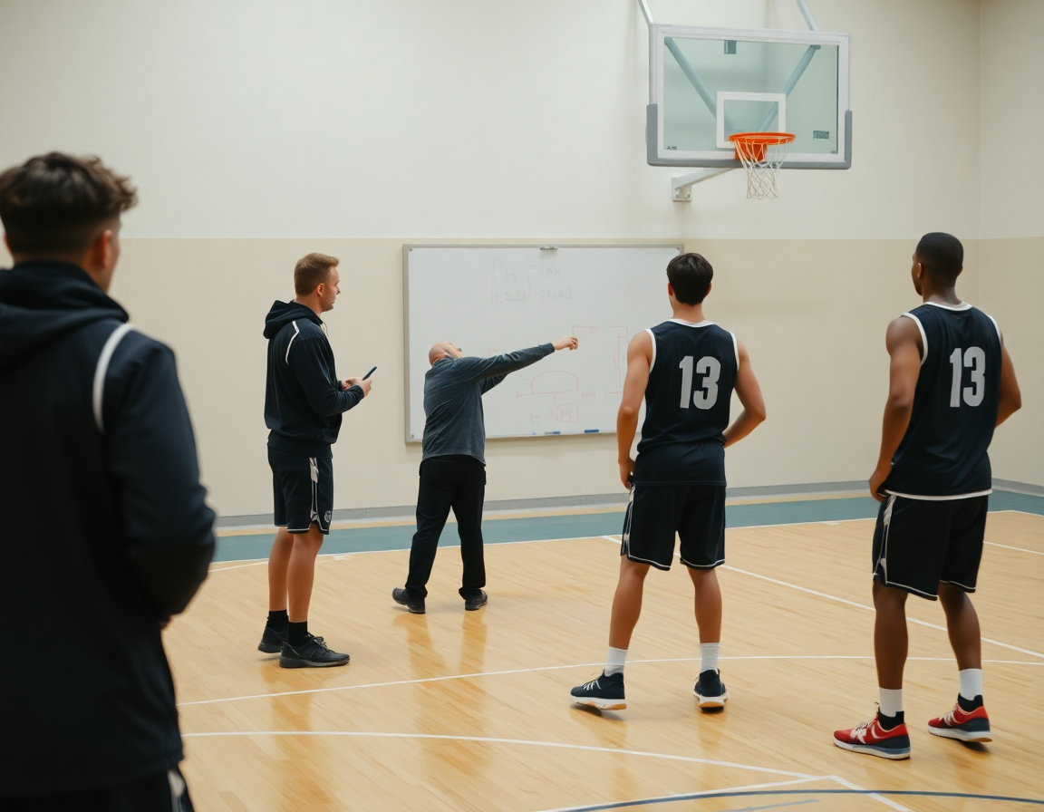 Kosarkaske vezbe: trener pokazuje pokrete dok igrači pažljivo slede umerene korake na terenu.