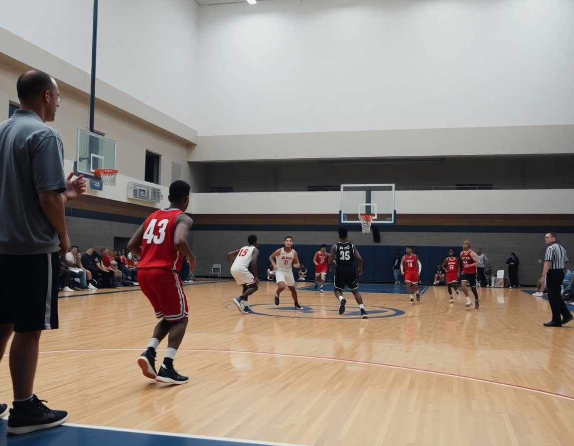 Široki kadar: igraci izvode kosarkaske vezbe dok trener govori sa klupe i drži zviždalicu.