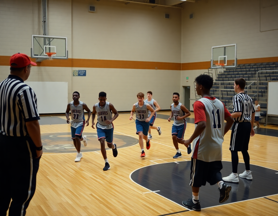 kosarkaski sudija promatra fokusirani napad dok tim izvodi play u basketball teretani.