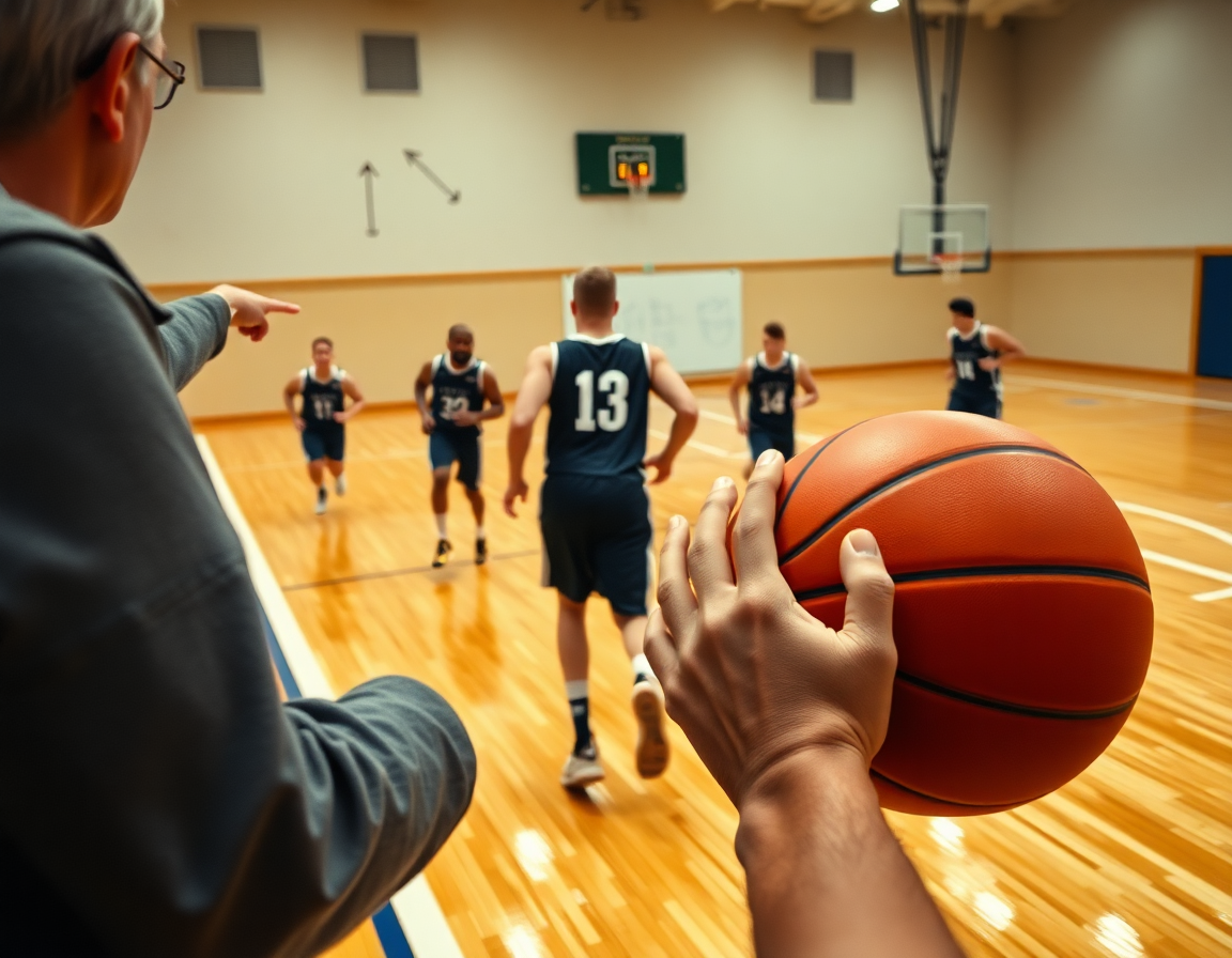 Blizak snimak sa treninga tokom kosarkaski trening; fokus na lopti i igračima.