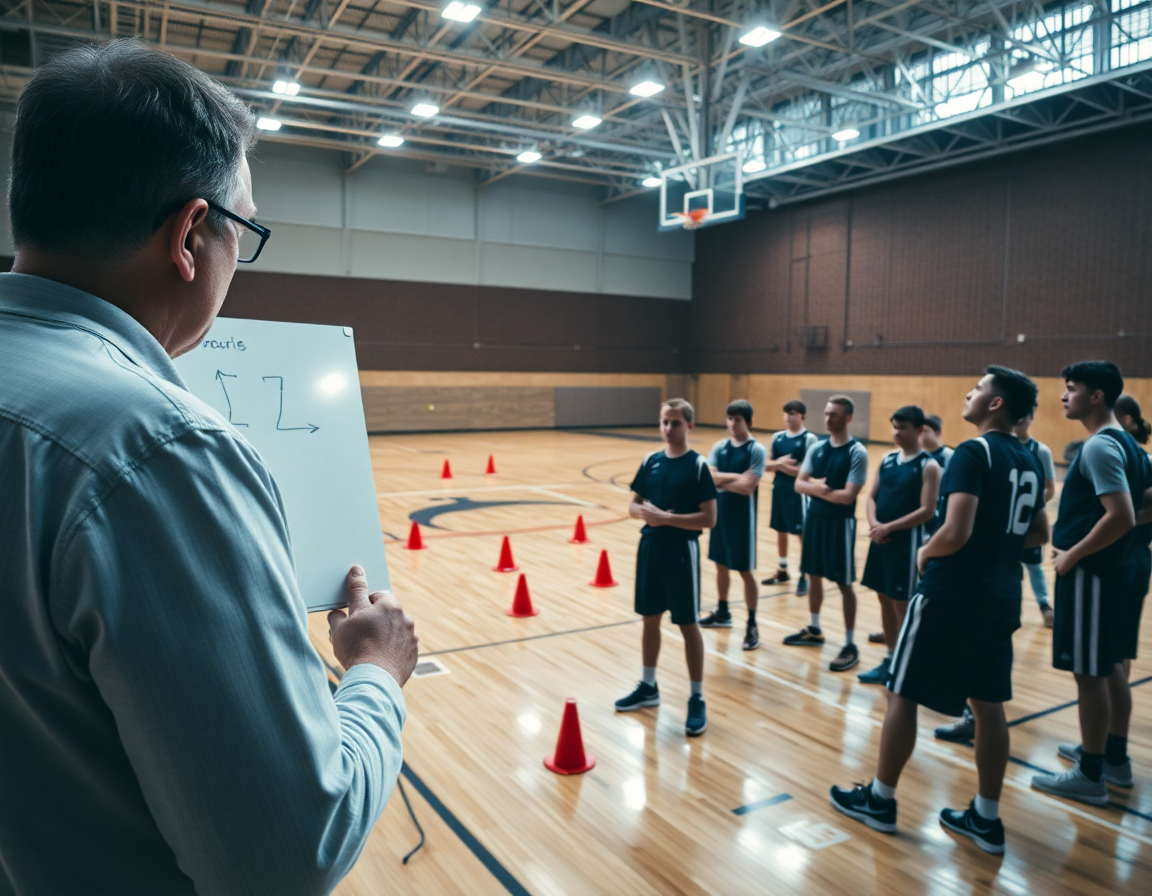 Trener pokazuje potez na beloj tabli dok redovi igrača prate tokom kosarkaski trening.
