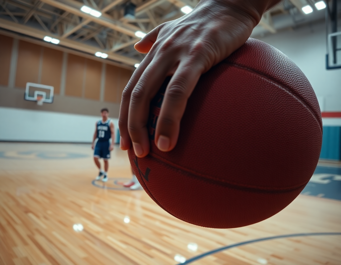 Detalj ruke oko lopte tokom kosarkaski trening; fokus na gripu i kontrolu.