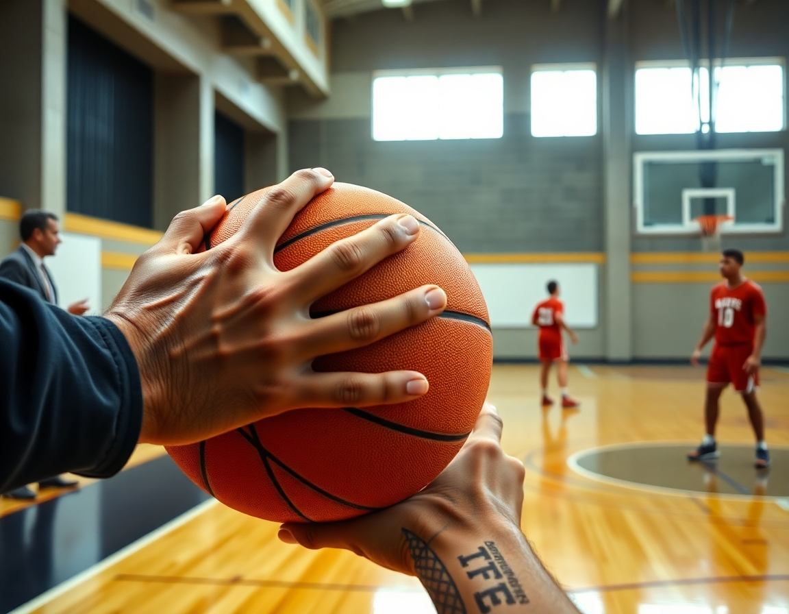 Detaj na ruci drži basketball tokom zahvata u drilu dodavanja na terenu.