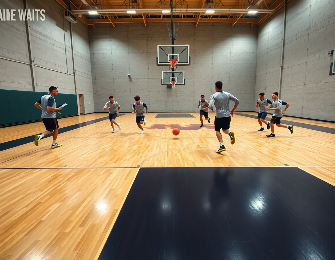 Pogled na kosarkaski trening za mladje kategorije: igrači trče kroz teren tokom full court drill.