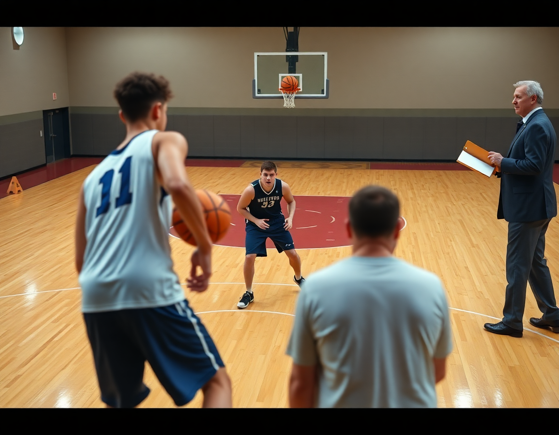 Blizak snimak pick and roll kosarka drill kod vrha ključnog luka na drvenom terenu, igrači i trener.