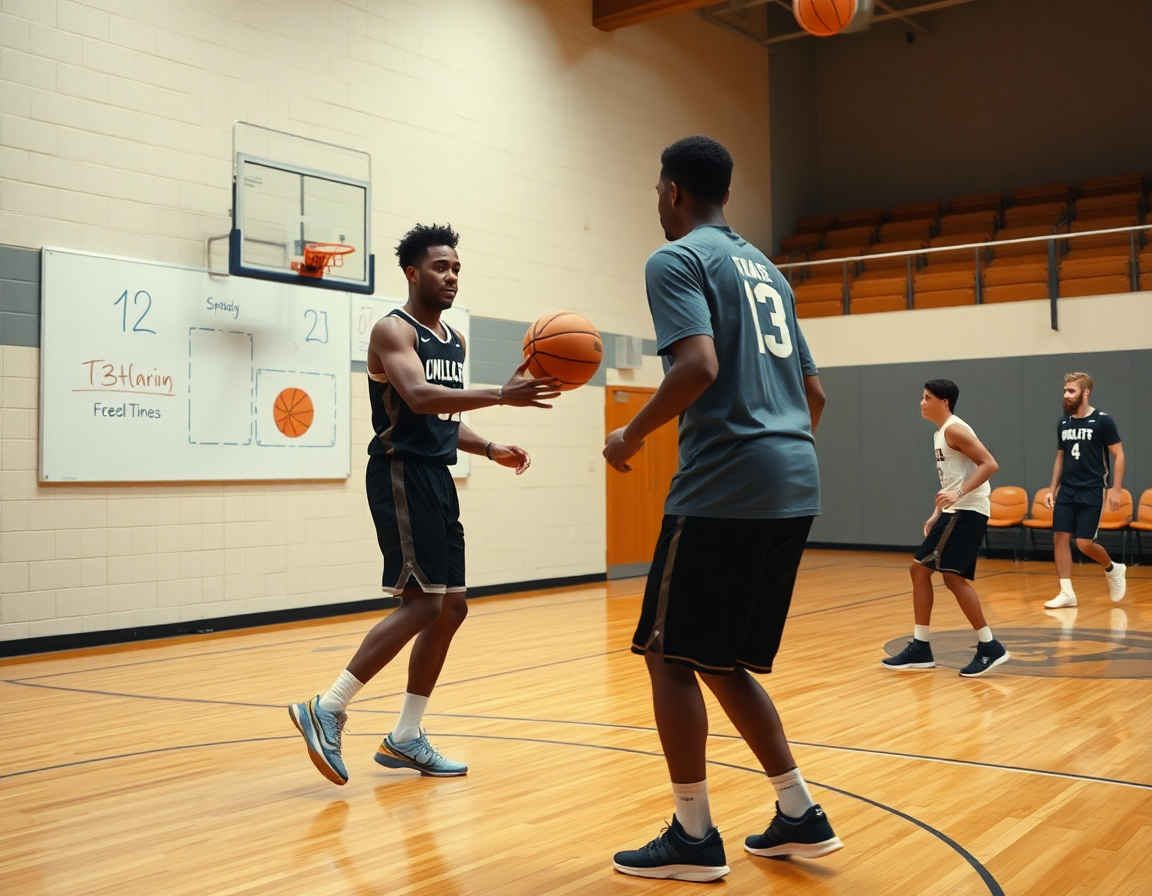 Strednji snimak pick and roll kosarka na terenu, trener pokazuje razmještaj na tabli dok igrači drže orange basketball.