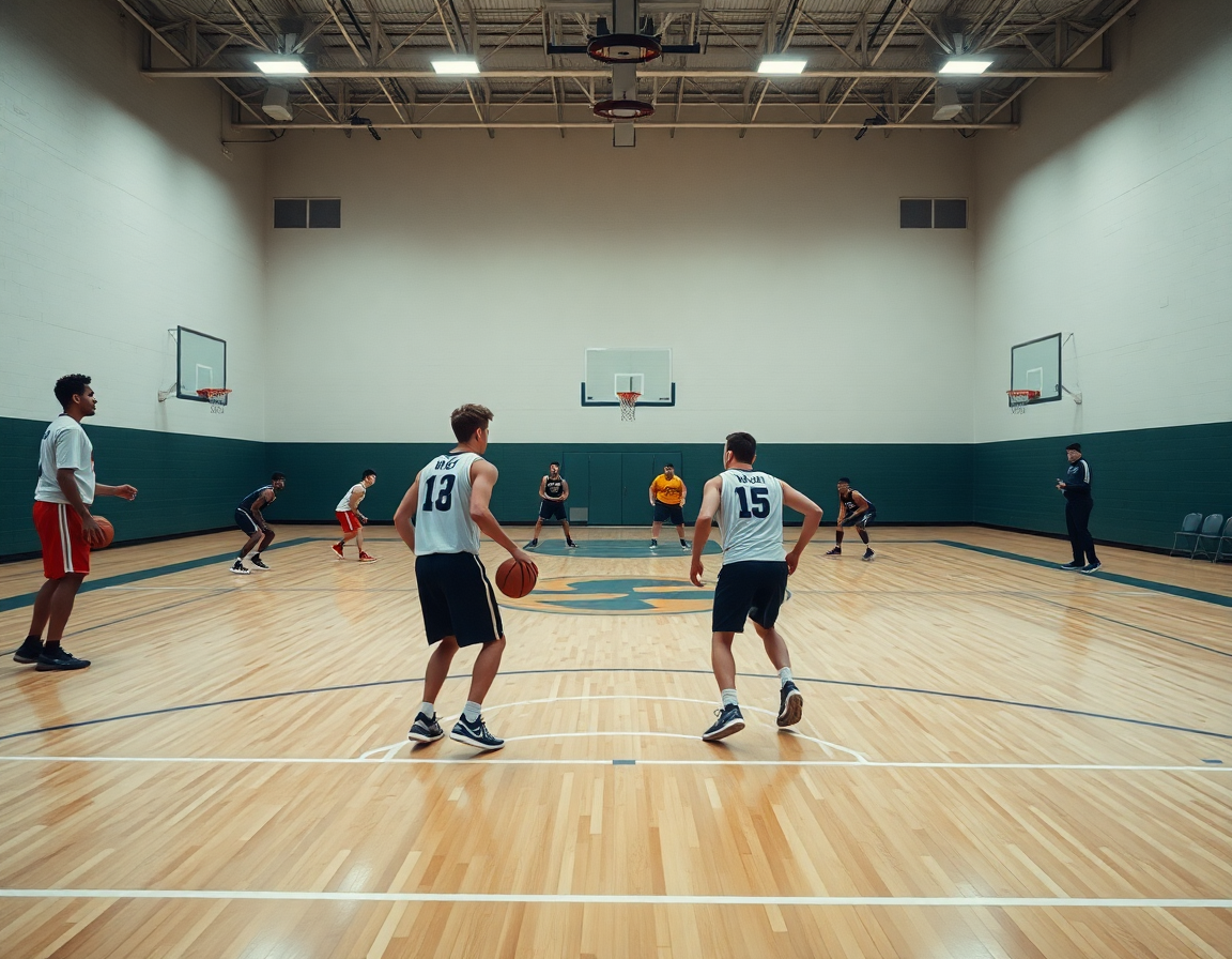 Širok kadar pick and roll kosarka na punom terenu; trener sa tablom pokazuje ritam igračima.