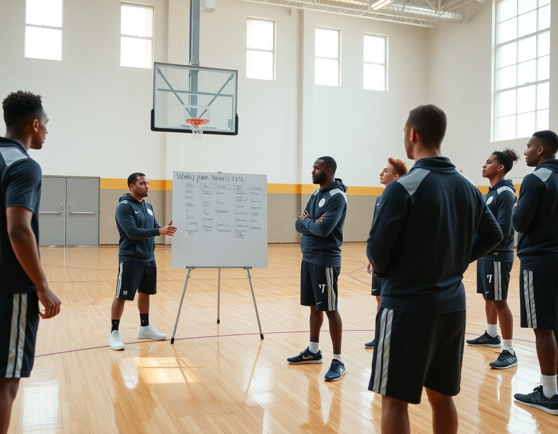 U sred teretane, pet igrača izvodi basketball drill dok trener pokazuje na beloj tabli unutar skola kosarke zvezdara.