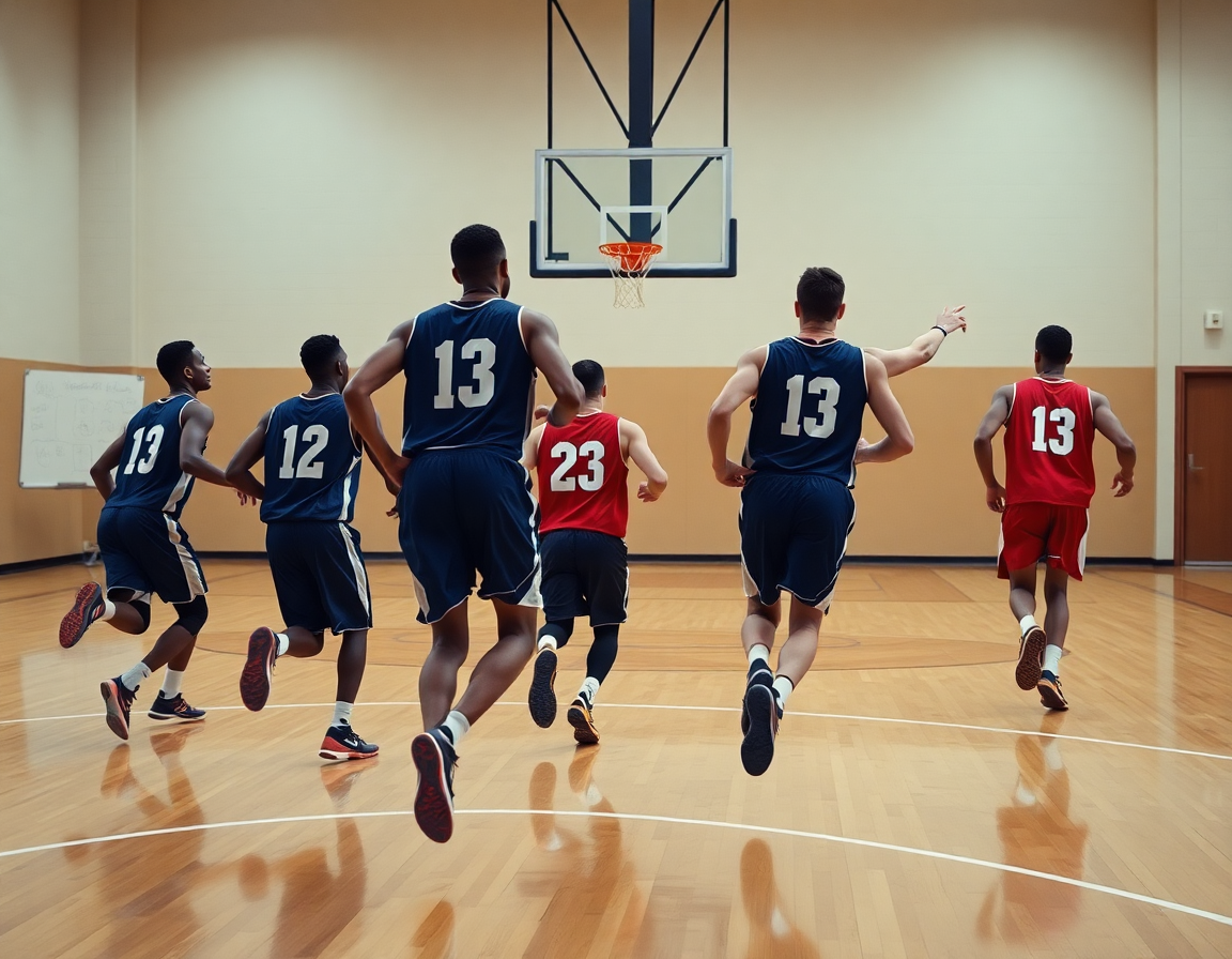 Kadar predstavlja scenu: pet igrača izvodi basketball drill dok trener pokazuje na beloj tabli unutar skola kosarke zvezdara.