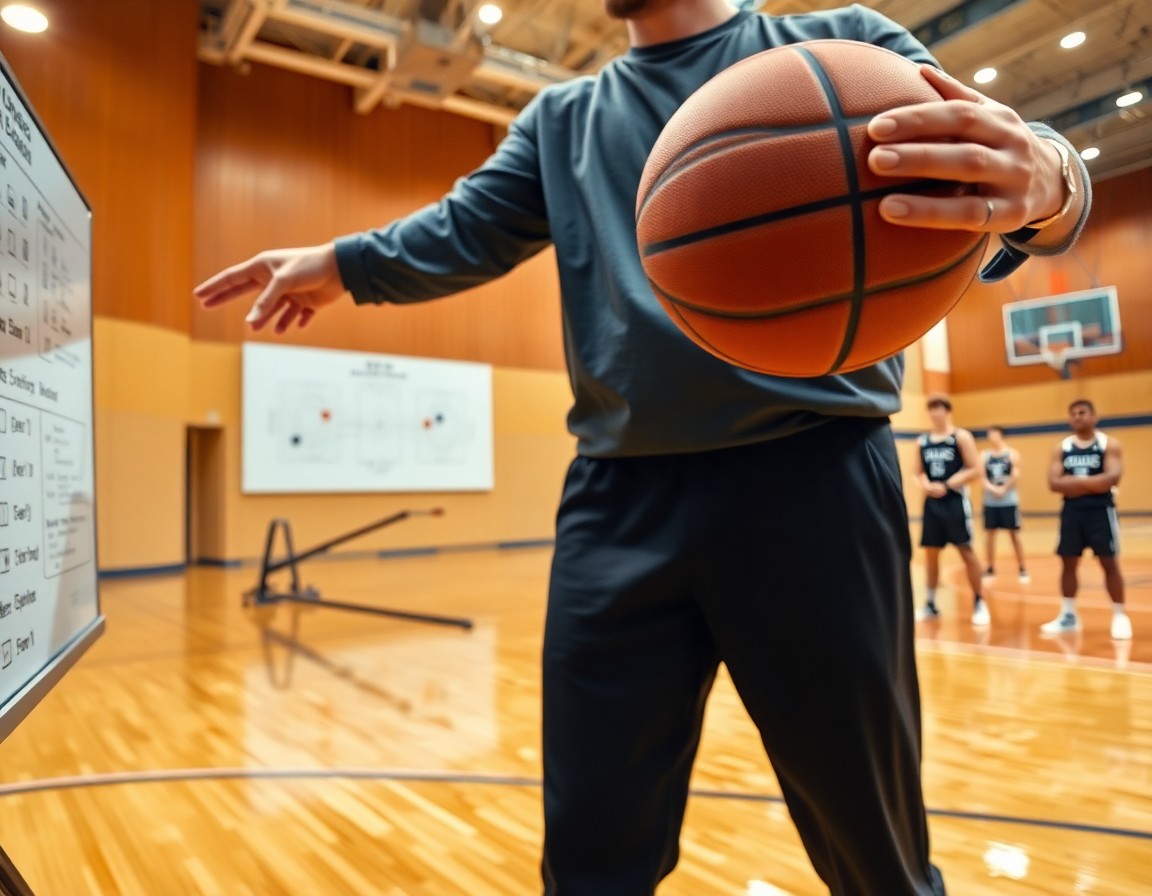 Bliski kadar: ruke trenera drže basketball dok pokazuje vežbu na tabli dok deca vežbaju; skola kosarke za decu beograd.