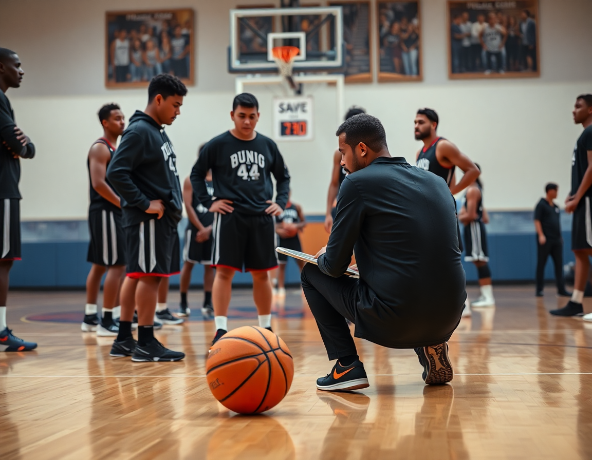 Video klip na laptopu: trener gleda basketball dok igrači prate; skola kosarke za decu beograd.