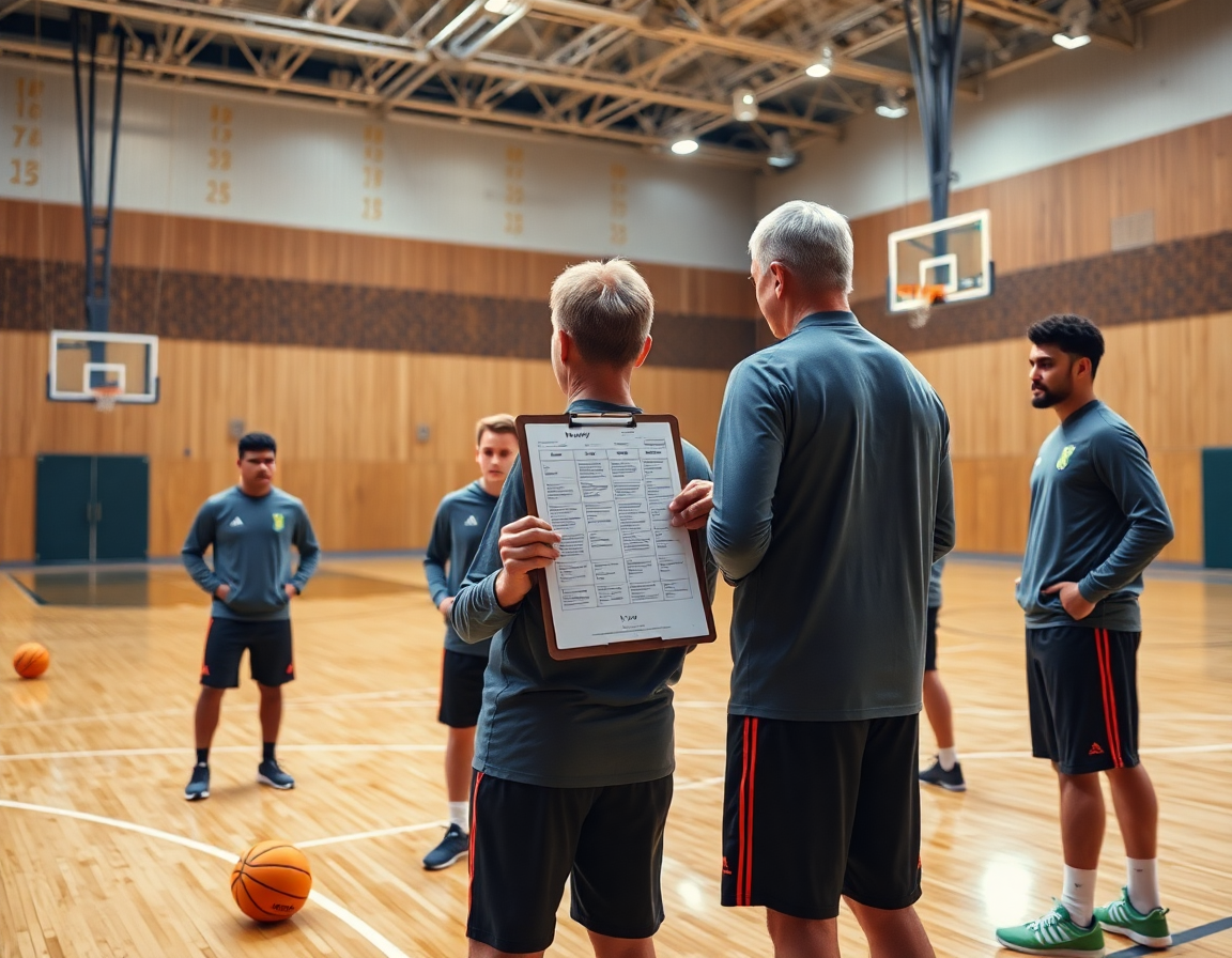 Trener drži plan nedeljnog treninga za skola kosarke na poluvremenu, tim gleda na drvenom terenu.