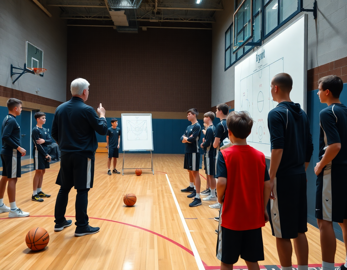 Trener uz tablu za taktike crta košarkaške akcije, tim skola kosarke gleda pažljivo.