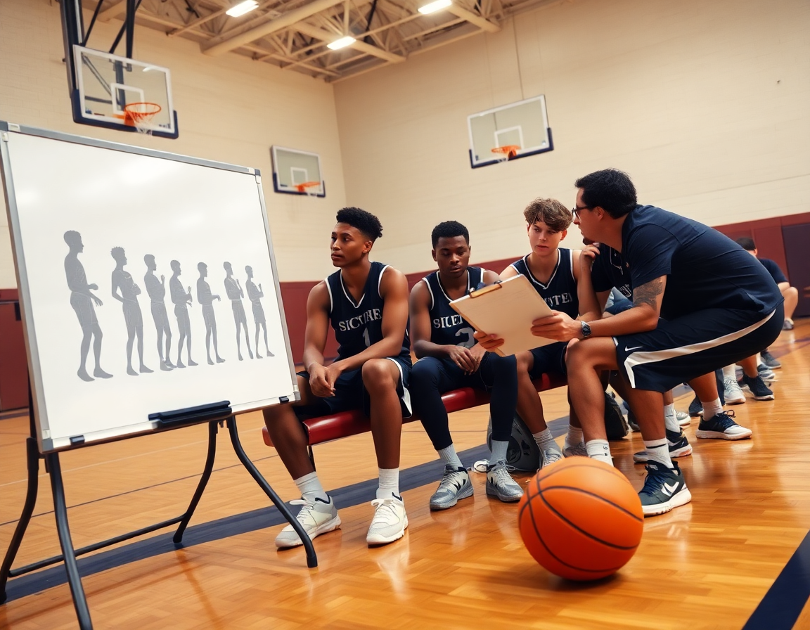 Trener analizira izviđanje protivnika na clipboardu dok mladi igrači posmatraju u skola kosarke u dobro osvetljenoj dvorani.