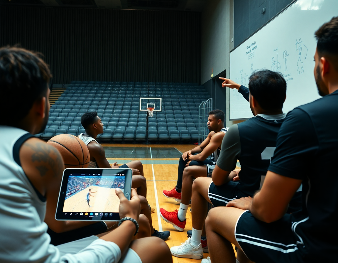 Video analiza na tabletu dok igrači sede na klupi i gledaju basketball klip; trener pokazuje basketball potez na tabli.