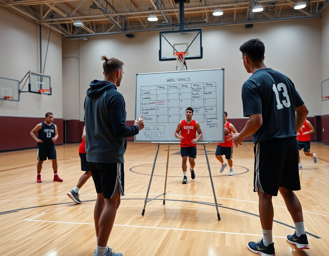 Trener crta nedeljni basketball plan na tabli dok igrači vežbaju na punom terenu uz jarko svetlo.